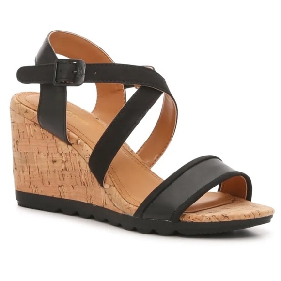 Brand New Hush Puppies Genuine Leather Black Cork Wedge Sandals Cross Strap - Picture 1 of 16
